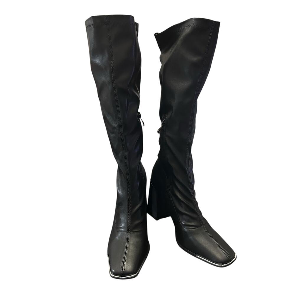 Pretty Little Thing Black Boots Square Toe Silver Calf Heeled Sock Boots Size 7 - Picture 3 of 8